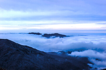 Beautiful sea of clouds at dawn on the top of the mountain.