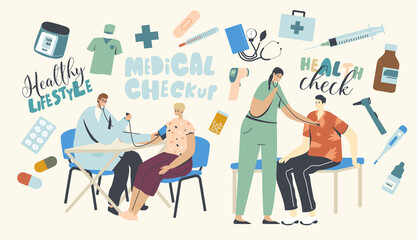 Patients Characters at Medical Checkup. Woman Sitting with Doctor Listening Heart Beating, Consultation with Medic Specialist. Practitioner Measuring Blood Pressure. Linear People Vector Illustration