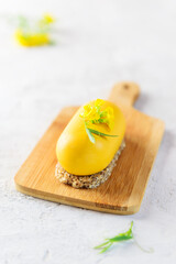 Vegan raw cashew cake with sea buckthorn. No sugar, gluten, lactose.