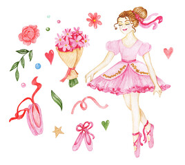 Set of watercolor ballerina.Design elements flowers,hearts,ballet shoes,pointe shoes,leaves