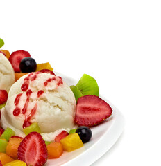 Fruit salad with vanilla ice cream scoop and sauce or syrup in bowl isolated on white background