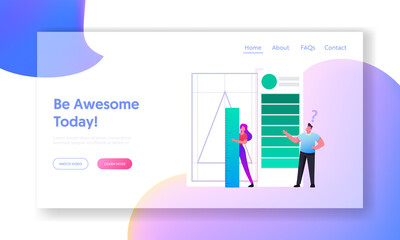 Creative Studio Working Process Landing Page Template. Client Order Graphic Designer to Create Company Logotype. Tiny Female Character Painting Triangle Logo Symbol. Cartoon People Vector Illustration