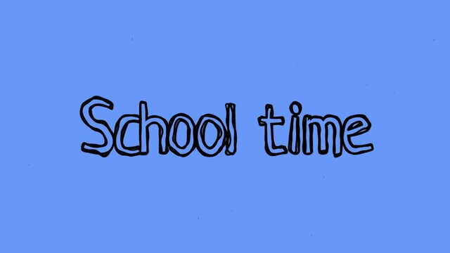 school time jiggle text with blue grainy background animation in retro style cartoon with old dust effect film
