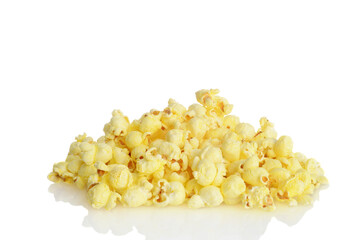 pile of salted buttered popcorn on white