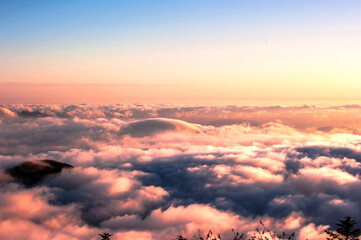 Fototapeta premium Beautiful sea of clouds at sunset on the top of the mountain.