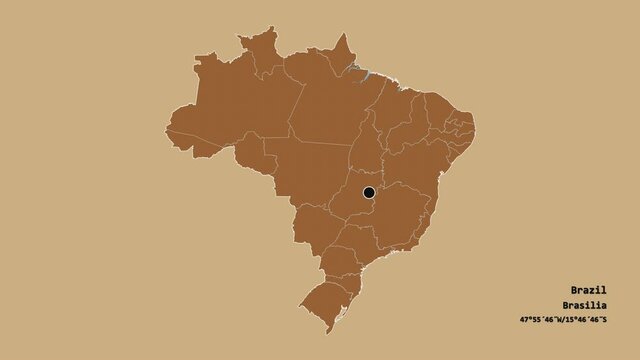 Amazonas, state of Brazil, with its capital, localized, outlined and zoomed with informative overlays on a solid patterned map in the Stereographic projection. Animation 3D
