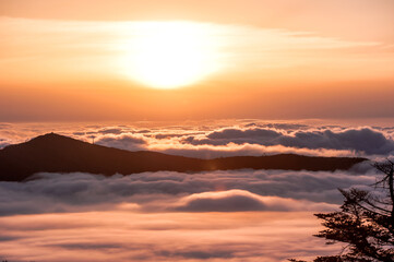 Fototapeta premium Beautiful sea of clouds at sunset on the top of the mountain.