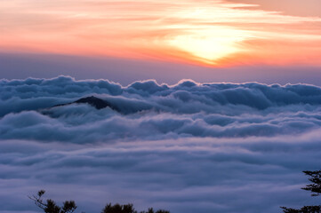 Beautiful sea of clouds at sunset on the top of the mountain.