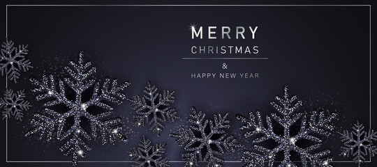 Elegant Christmas Background with Shining black Snowflakes. Vector illustration
