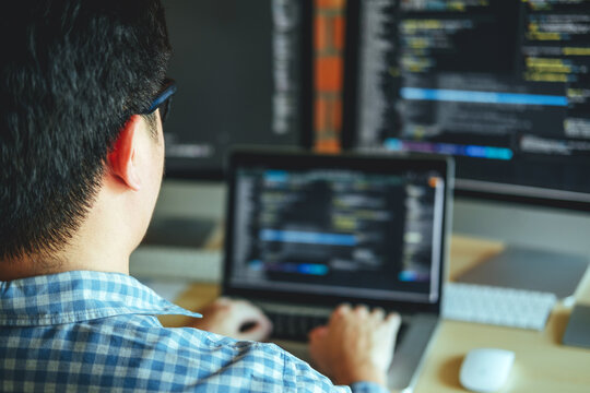 Developing programmer Team Development Website design and coding technologies working in software company office