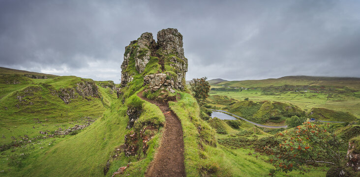 UK, Scotland, Inner Hebrides, Isle of Skye, Trotternish, Balnacnoc, Fairy Glen and Castle Ewen