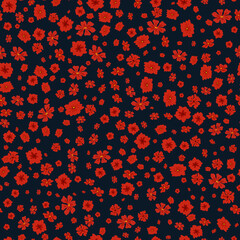 Fototapeta na wymiar Vector seamless pattern with small scattered flowers. Liberty style print. Elegant floral background. Simple ditsy texture with red poppies on black backdrop. Repeat design for decor, wallpapers, wrap