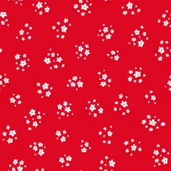 Fototapete Kleine Blumen Vektornahtloses Muster mit kleinen weißen hübschen Blumen auf rotem Hintergrund. Tapeten im Jugendstil. Einfacher Blumenhintergrund. Elegante kleine Verzierung. Niedliches Wiederholungsdesign für Druck, Dekoration, Textil