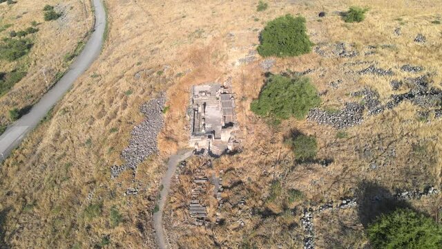 Ruins of the Dir Aziz Synagogue, built in the Byzantine period, at the beginning of the sixth century AD. It is located on the Golan Heights in Israel.