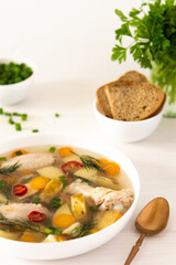 Chicken soup with fresh vegetables, chicken wings broth and young potatoes with onions and carrots, chopped green onions and parsley