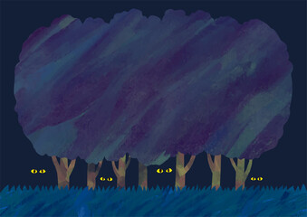 ベクター　夜の森のイラスト　ハロウィンの背景素材