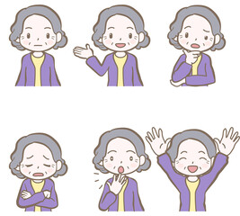 表情や仕草のセット、シニアの女性、私服、A