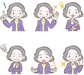 表情や仕草のセット、シニアの女性、私服、B