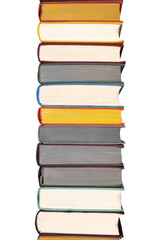 Stack of hardcover books on bookshelf. Close up view of multi colored vintage hardback books isolated on white background.