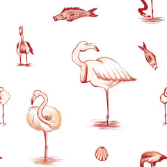 Hand drawn flamingoes with red watercolor pencil sketch in a seamless pattern on white background
