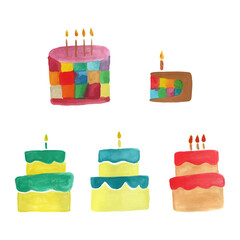 Watercolor birthday cake collection. Sweet food set. Isolated vector illustration. Celebration element.