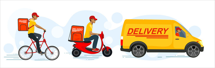 Online delivery service concept, online order tracking, delivery home and office. Warehouse, truck, scooter and bicycle courier, delivery man. Vector illustration