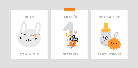 Childish cards or poster with cute bunny character. Milestone cards. Nursery prints with hand drawn doodle illustration isolated on white. Ideal for kids room decoration, clothing, prints, card