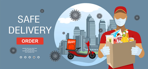 Safe delivery. Courier in a medical mask delivers orders on scooter. Logistics and safe delivery concept. Food Delivery home and office. City logistics. Suitable for web landing page, ui, banner.