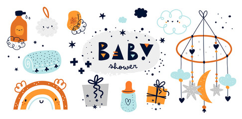 Childish collection, baby shower. Vector cartoon doodle set. Elements for design: rainbow, soap, towel, toy, baby bottle, gift - obrazy, fototapety, plakaty