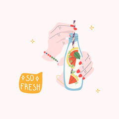 So fresh. Female hand holding bottle with fruit water. Flat vector illustration.