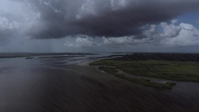 Aerial video florida rain storm heavy down pour 4k