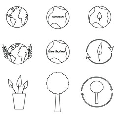 Ecology icons isolated on white background. PLanet, leaves, trees and potted plant. Lettering on planets go green and save the earth. Environmental background. 