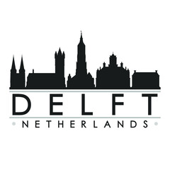 Delft Netherlands Europe Skyline Silhouette Design City Vector Art Famous Buildings.