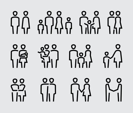 Family or couples vector simple icons set in thin line style	
