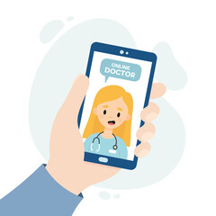 Online doctor consultation. Medical consultation through video call. Doctor consulting a patient through an online application. Hand holding a smartphone.
