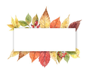 Watercolor frame with autumn leaves and berries for wedding invitations, cards, birthdays and other holidays.