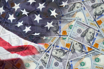 Background of one hundred United states of America US dollars currency with United states flag.