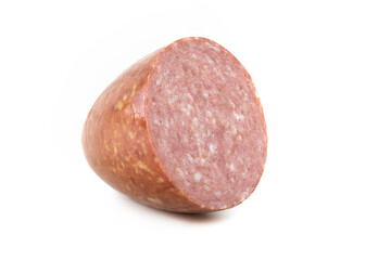 Smoked sausage from turkey meat isolated on a white background. Place for text.