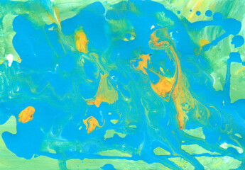 Abstract background with watercolor painting. Hand drawn fluid art. Yellow, green, blue and white colors mixed together. Abstract art wallpaper. Gradient with splash texture
