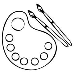 vector illustration, drawing in doodle style in black, palette for paints and brushes, isolate on a white background