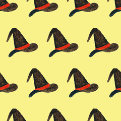 Seamless pattern with watercolor witch hat on yellow board. Design element for Halloween. Symbol of witchcraft. Magician or wizard hat. Print for textile, greeting cards, wrapping paper, decor, design