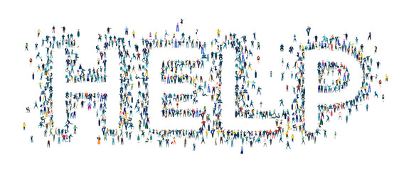 HELP made of lots little people different age and professional background. Crowd, world, citizens, population. 