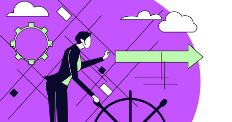 Business woman with ship wheel controlling situation. 