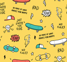 Hand drawn skateboarding elements seamless pattern. Skate background. Skateboarding doodle illustration. Vector illustration. Seamless pattern with cartoon skull, skateboard, hat etc. © cddesign.co