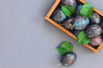 Freash plums in wooden box on wood table top view