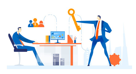 Business man having a great idea. Businessman with golden key as symbol of finding solution. Business concept illustration