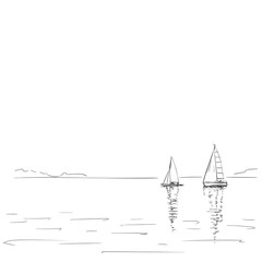Drawing of two sailing boats with reflection on calm water, Vector sketch, Hand drawn illustration