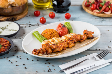 Traditional Turkish grilled Chicken shish kebab with vegetables grilled on skewers