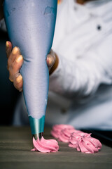 The process of making zephyr marshmallow at pastry shop kitchen.