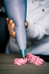 The process of making zephyr marshmallow at pastry shop kitchen.